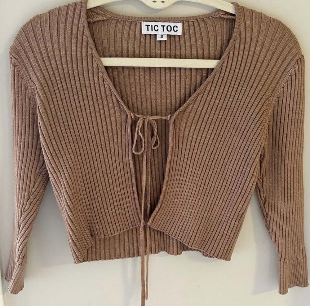 Tic Toc Ribbed Tie Front Cardigan Size S Brown Cropped Long Sleeve